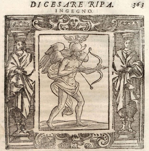 Illustration. A winged man wearing only a helmet and a swathe of drapery across his hips holds up a bow and arrow. The thick border around this central panel shows statues of two people enveloped in robes acting as columns to hold up architectural features. Text printed in the margin across the top reads, 'Di Cesare Ripa. Ingeno 363'.