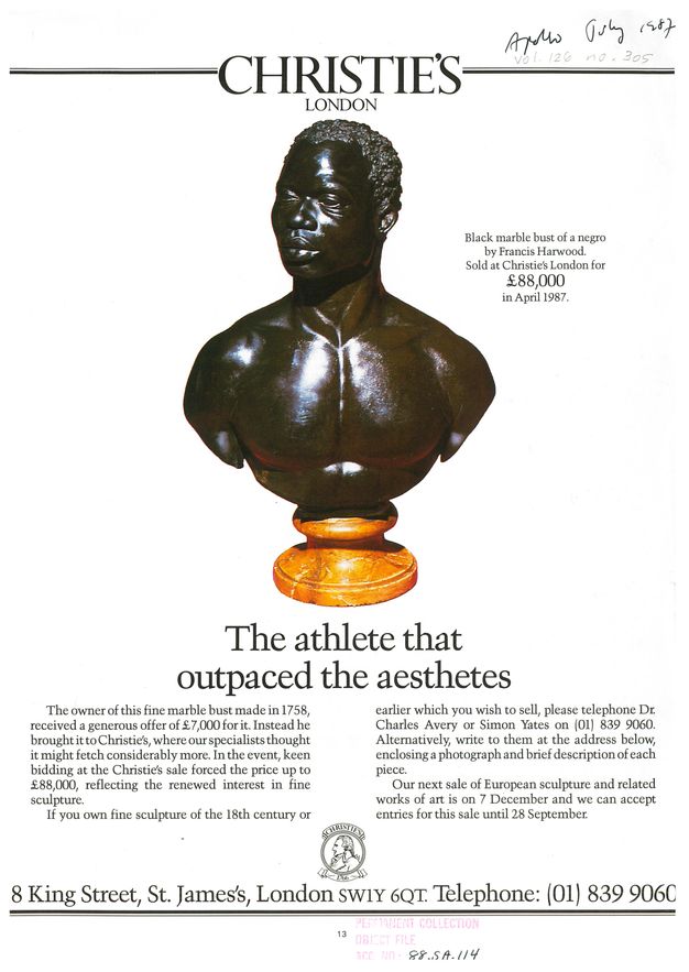 Ad. Against a white background, Harwood’s sculpture Bust of a Man is reproduced in colour below the heading, “Christie’s London” printed in black, all caps above. More text is next to and below the bust. A subheading under the sculpture, in large text, reads “The athlete that outpaced the aesthetes”.