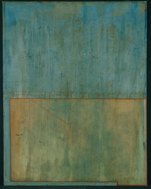 Painting. This rectangular canvas is painted ocean blue, streaked with fawn brown, like rust. A horizontal rectangle sits in the bottom half of the composition. That rectangle is more brown than blue, suggesting we see through a panel to the blue behind.