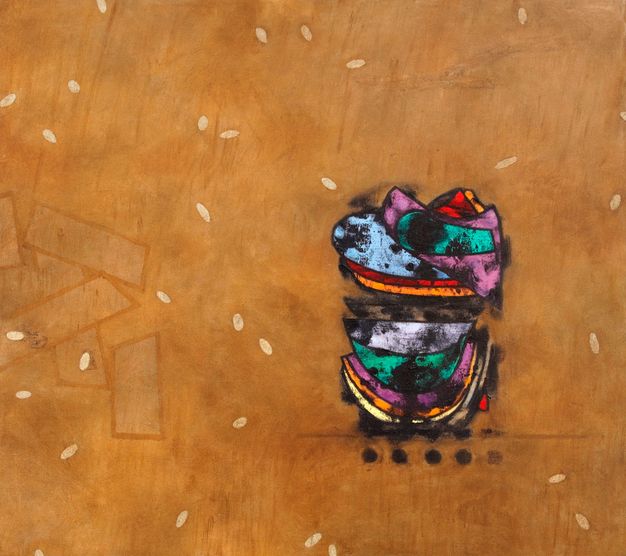 Painting. The background of this painting is bread-crust brown with white ovals like sesame seeds. To our right are stacked shapes like abstracted piled-up dishes or clothing in vivid yellow, orange, fuchsia, green, and blue. Black smudges overlay the objects like free-floating tarnish.