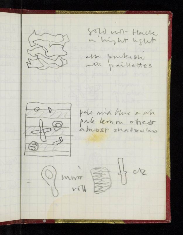 Drawing. A gridded page has two pencil drawings next to writing. More drawings, like icons, line the bottom of the page.