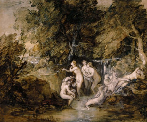 Painting. About a dozen pale-skinned, mostly nude women gather at a pool fed by a waterfall. Some of them are so loosely painted that details cannot be made out, but two near the centre stand and look at a man, nearly invisible among pale brown boulders to our left. A lush landscape of towering trees encloses the scene.