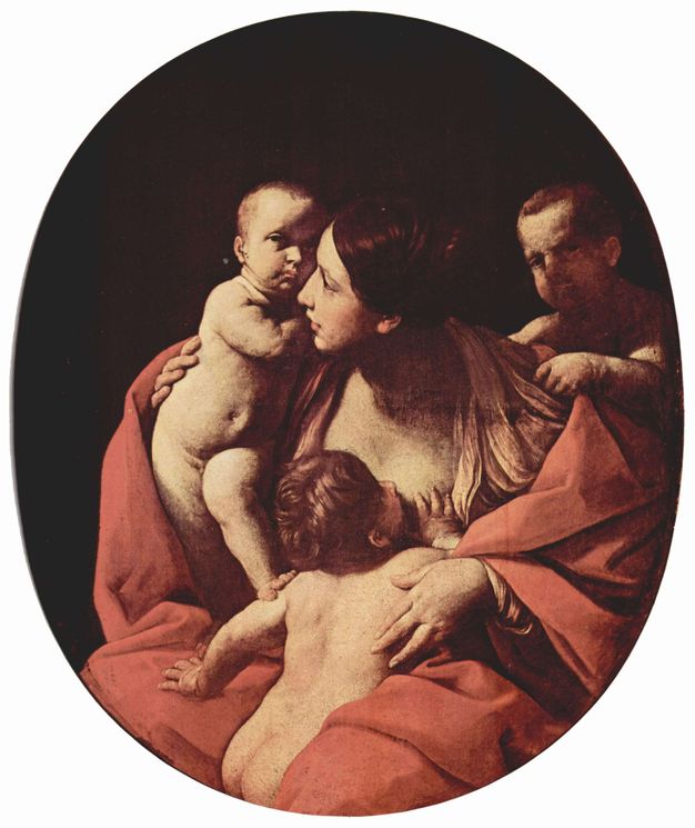 Painting. Against a shadowy background, a woman breastfeeds one nude baby as two more cling to her shoulders in this oval composition. Everyone has pale skin and brown hair. The woman’s body is engulfed in a red robe, which falls open across her chest. She looks off to our left, and the children standing by her shoulders look out at us.