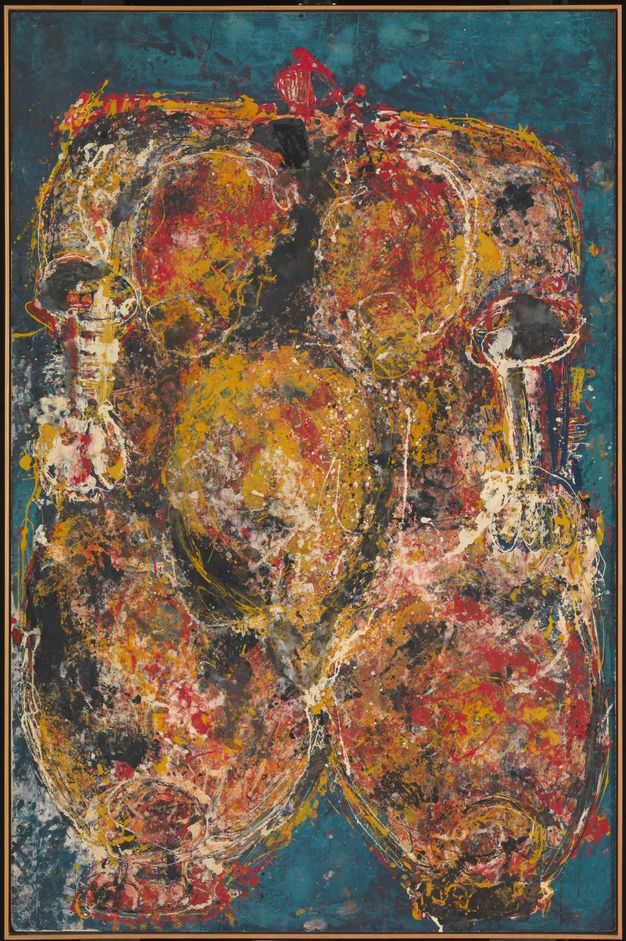 Painting. Dripped and splattered lines and smudges in mustard yellow, red, white, forest green, and scarlet red eventually come together to create an exaggeratedly stylized, bulbous female form. The background is mottled topaz and marine blue.