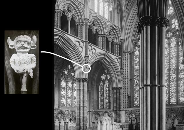 Graphic. A white line is drawn from a carved imp to a place where two pointed arches meet in the Lincoln Cathedral retrochoir, indicating its location.
