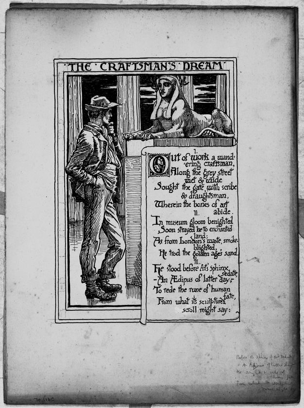 Drawing. A man stands with one hand in his pocket and the other at his chin, looking at a sphinx on a high pedestal. The sphinx has the body of a lion and head and breasts of a woman. Across the top, the title reads, 'The Craftsman’s Dream' in all caps. Another block of handwritten text fills the front face of the pedestal.