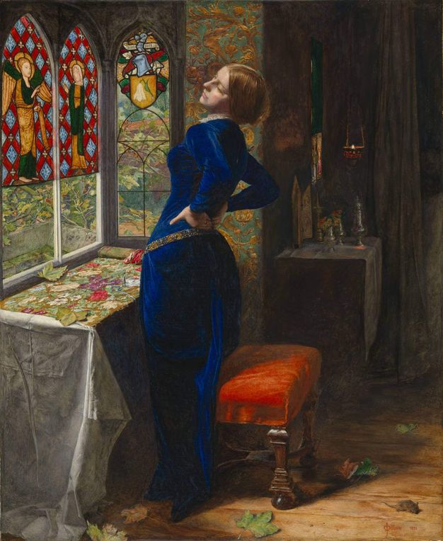 Painting. A pale-skinned woman, Mariana, wears a sapphire-blue, velvet gown as she stands and stretches, hands pressed into her lower back. Her embroidery is spread out on a table between her and the stained-glass window she faces. The wall next to her is covered with gold birds and plants against an aqua-blue background.