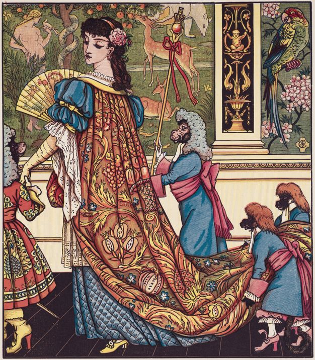 Illustration. A pale-skinned woman wearing a richly patterned cape over a long, flowing gown walks in procession attended by apes and monkeys dressed in livery. Her thick-lashed eyes are lowered as she looks back and down, her bow-shaped mouth closed over a delicate, pointed chin.