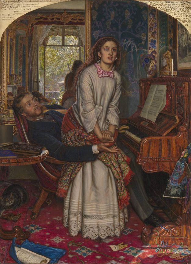 Painting. A woman hovers, beginning to stand, over the lap of a man seated in front of a piano in a richly appointed room. Both have pale skin, and together they fill most of this picture.