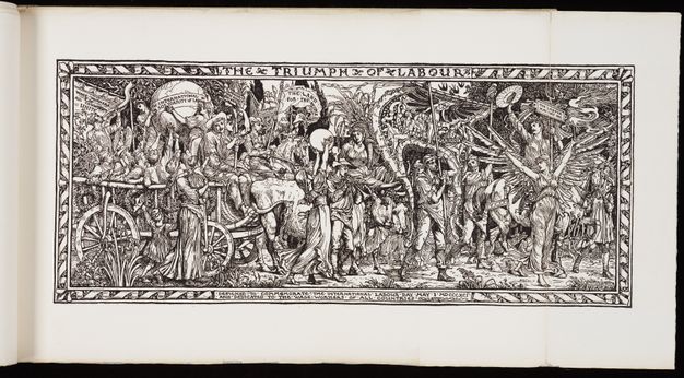 Print. A procession of men, women, and children includes an ox-drawn carriage and people on foot and on horseback, all against a dense landscape. Text in the ornamental border across the top reads, 'The Triumph of Labour' in all caps.