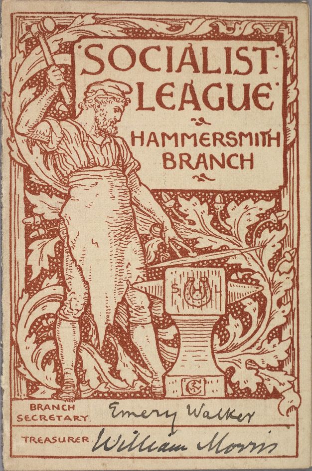 Print. Printed with rust red on cream white, this membership card shows a bearded man with a hammer raised over an anvil. The background is filled with leafy vines around the man.