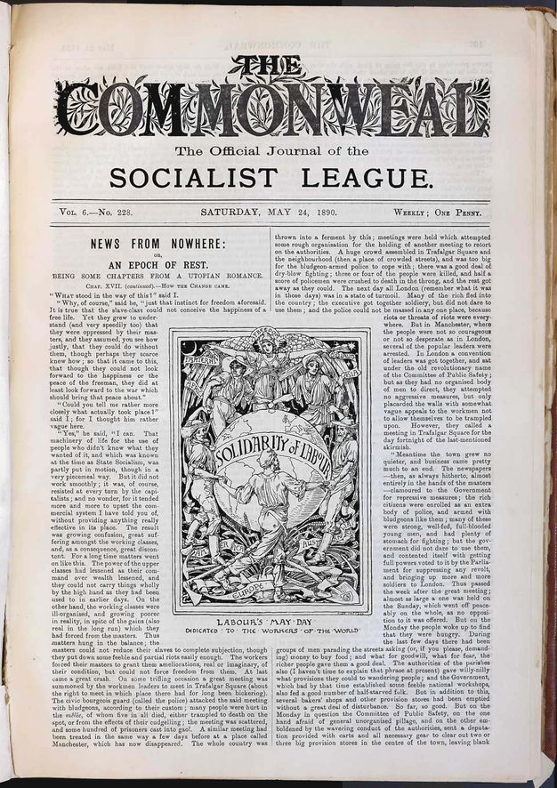 Journal. A rectangular image at the centre of a page of text shows five men joined hand in hand around a globe, with two columns of text surrounding the image.