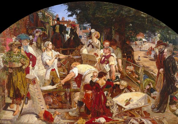 Painting. Several men and women work close to us. Two men holding shovels and another carrying a toolbox wear lightweight shirts with their sleeves rolled up. A person with ragged clothes walks by with a wide basket of flowers. Women in bonnets and long hoop skirts and men in suits and tall hats look on from the edges and background in this arched-top painting. All the people appear to have light or tanned skin.