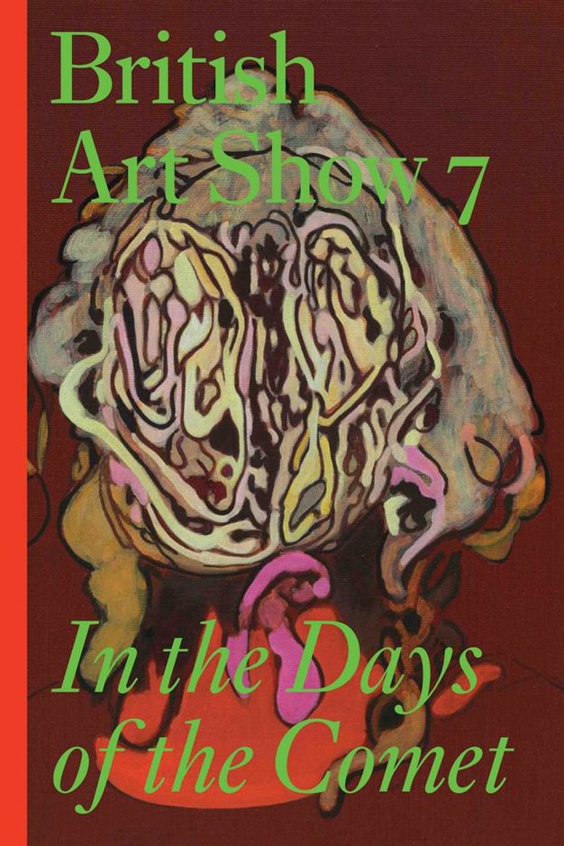 Cover of an exhibition catalogue. Against a burgundy-red background, an abstract web or knot-like yarn or brain matter are outlined in black and painted in lilac purple, pale seafoam green, yellow, or brown. A vivid red stripe is down the left edge. 