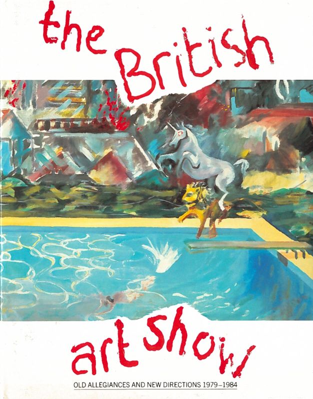 Cover of an exhibition catalogue. An impressionistic picture across the middle of a composition shows a unicorn and lion jumping up from a diving board at the edge of an in-ground pool. Red text is scrawled across the top and bottom of the page and cutting into the page. 