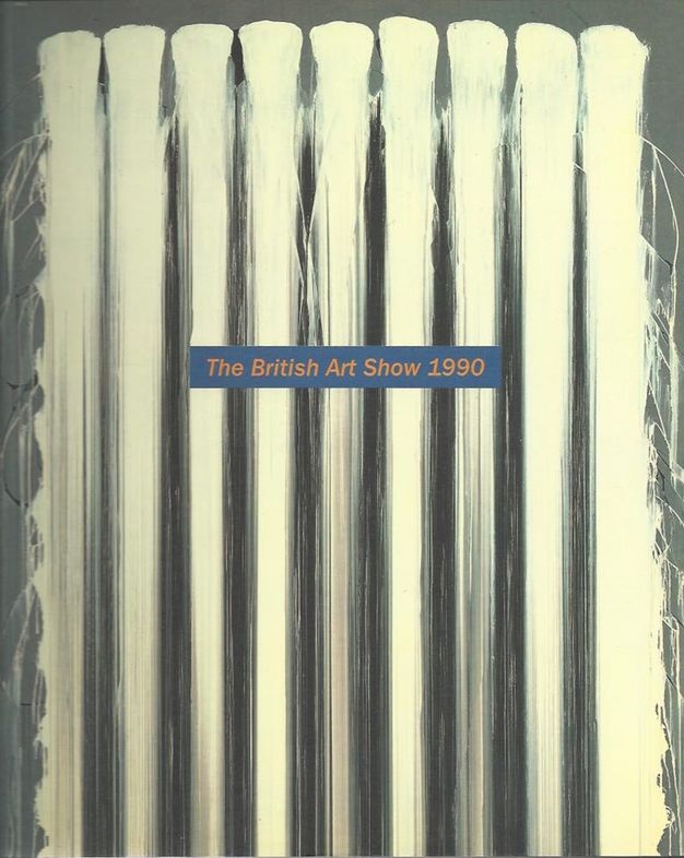 Cover of an exhibition catalogue. Streaks of white paint create nine columns against a grey background. A text box with a dark blue background and rust-orange text appears near the centre.